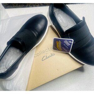 SZ 6 Clarks Comfort Shoes Flats Black White Textured Pods Insole Heel Padding
